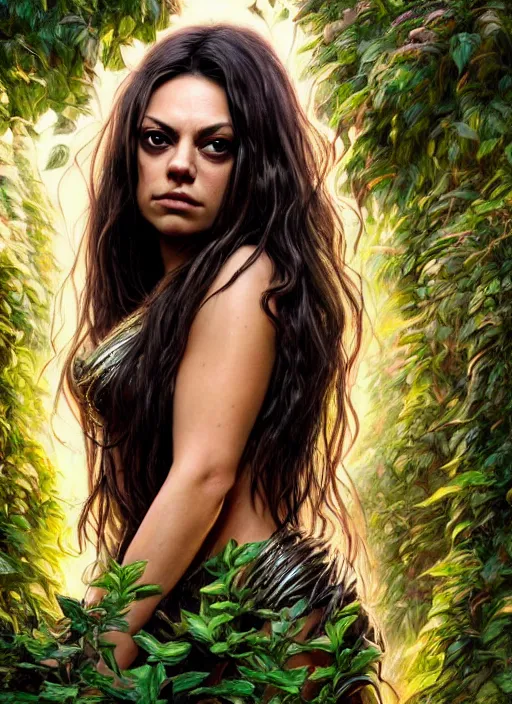 Image similar to photo of a mila kunis as medusa in the style of stefan kostic, realistic, half body shot, sharp focus, 8 k high definition, insanely detailed, intricate, elegant, art by stanley lau and artgerm, extreme bokeh foliage