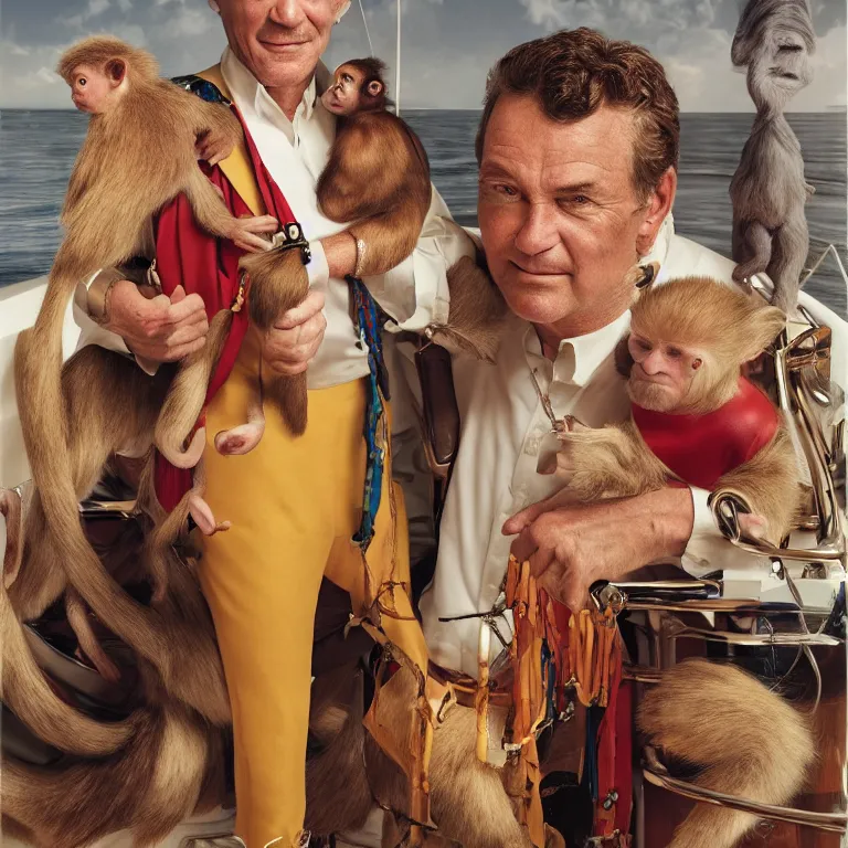 Image similar to high fashion photoshoot octane render portrait by wayne barlow and carlo crivelli and glenn fabry, a distinguished sea captain wearing a colorful uniform and holding a small monkey while standing on a beautiful high - end white and wood yacht, very short depth of field, bokeh