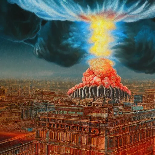 Image similar to nuclear bomb exploding in the center of a city, detailed 1 9 2 0 ’ s colored pencil, highly detailed, highly accurate, deep aesthetic, 8 k, highly ornate intricate details, cinematic lighting, rich colors, ray tracing, hyperrealistic, photorealistic, cinematic landscape, trending on artstation,