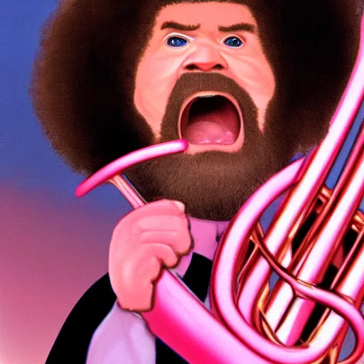 Image similar to bob ross screaming at a giant pink tuba