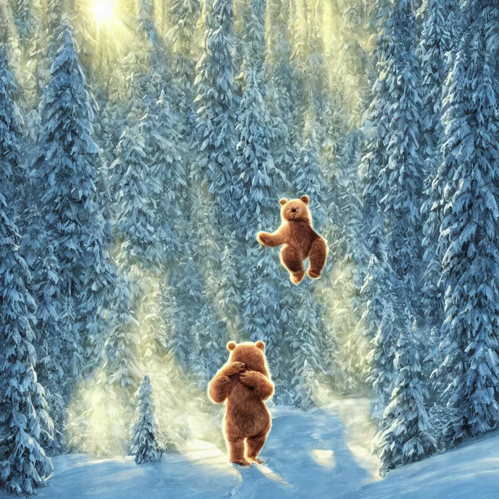 Image similar to a cute humanoid fluffy fur bear cub standing on ski skiing down the hill through a snowy forrest in, light rays are shining through the trees above, magical environment, beautiful light. trending on artstation 4 k award in winning artwork. vivid colors. detailed painting. kids book illustration.