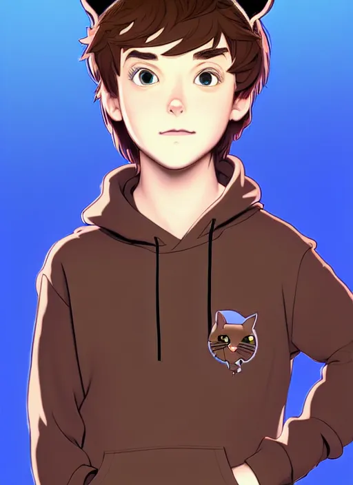 Image similar to teen boy with brown hair and big blue eyes, wearing a black hoodie with cat ears on top of it, natural lighting, path traced, highly detailed, high quality, cartoon, digital painting, by don bluth and ross tran and studio ghibli and alphonse mucha