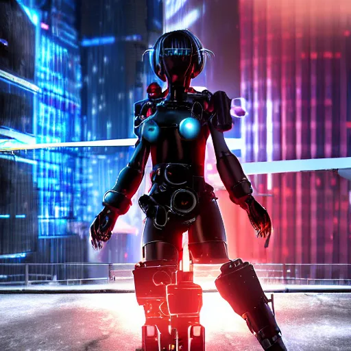 Prompt: Video game Final Fantsy Vll style like cg portrait of a cyberpunk warrior girl wearing black & reddish mecha cyber suit, symmetrical face and wardrobe by WLOP from artstaion, on rooftop Tokyo night, dramatic light, rim light, blurry background, unreal engine render. -n 4 -i