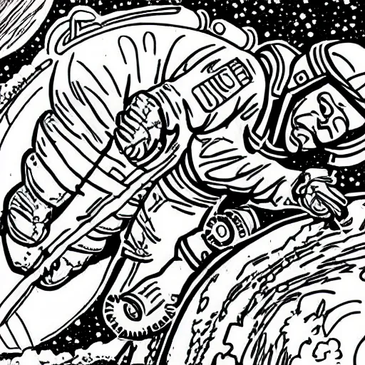 Prompt: Coloring page of an astronaut tabby cat riding a horse, in space