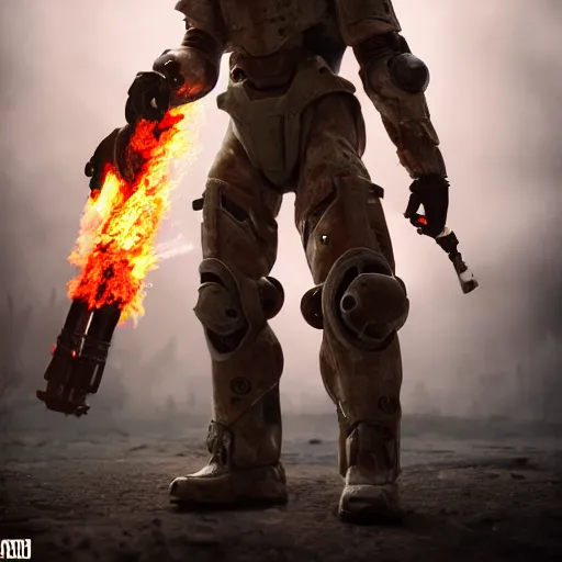 Prompt: a soldier wearing a full set of hellfire advanced power armor and holding a flamethrower, 3 d render, octane, ray tracing, ultra detailed, photorealistic, high resolution, 8 k, fire, jungle