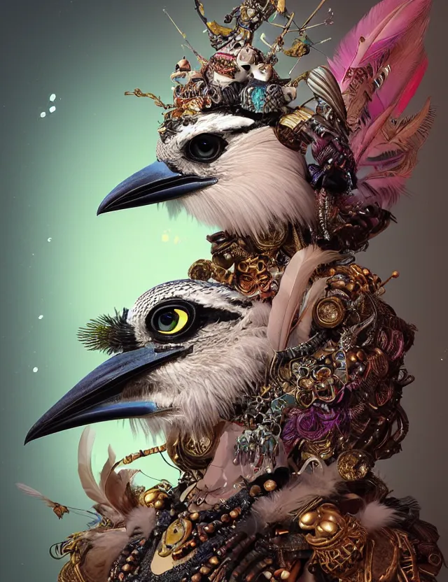 Image similar to 3 d goddess wide angle portrait with feathers, fur, and bones. beautiful intricately detailed kookaburra mask and retrowave sorceress outfit. lizard scales, reflective chitin, optical mineralogy, songlines, plasma, creature, artwork by tooth wu and android jones wlop and android jones and beeple and greg rutkowski