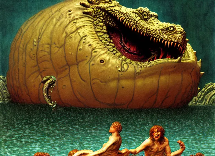 Image similar to photo of wet slimy godzilla attacking the raft of the medusa, by lawrance alma - tadema by roger corman by richard corben by rick baker, fujifilm velvia 5 0. masterpiece. intricate, hyper realism, high detail, octane render, unreal engine, 8 k, by katsuhiro otomo