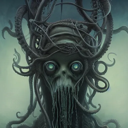 Prompt: curiosities from cthulhu, soft paint of a single curvy beautiful necromancer of madness and insanity in full mage armor, symmetry accurate features, horror, tentacles, dense volumetric fog, focus, very intricate ultrafine details, gloomy colors, award winning masterpiece, tom bagshaw artstyle