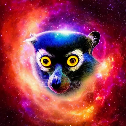 Image similar to geometric lemur with galaxy eyes in space, nebula in the background, intricate, elegant, highly detailed, digital painting, artstation, concept art, smooth, sharp focus, illustration, art by artgerm