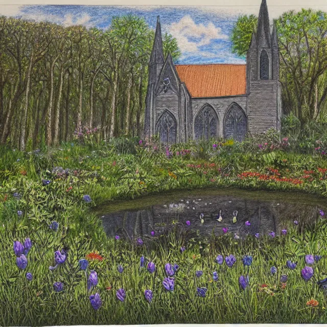 Image similar to abandoned gothic church in a forest flower meadow with a pond landscape, colored pencil drawing