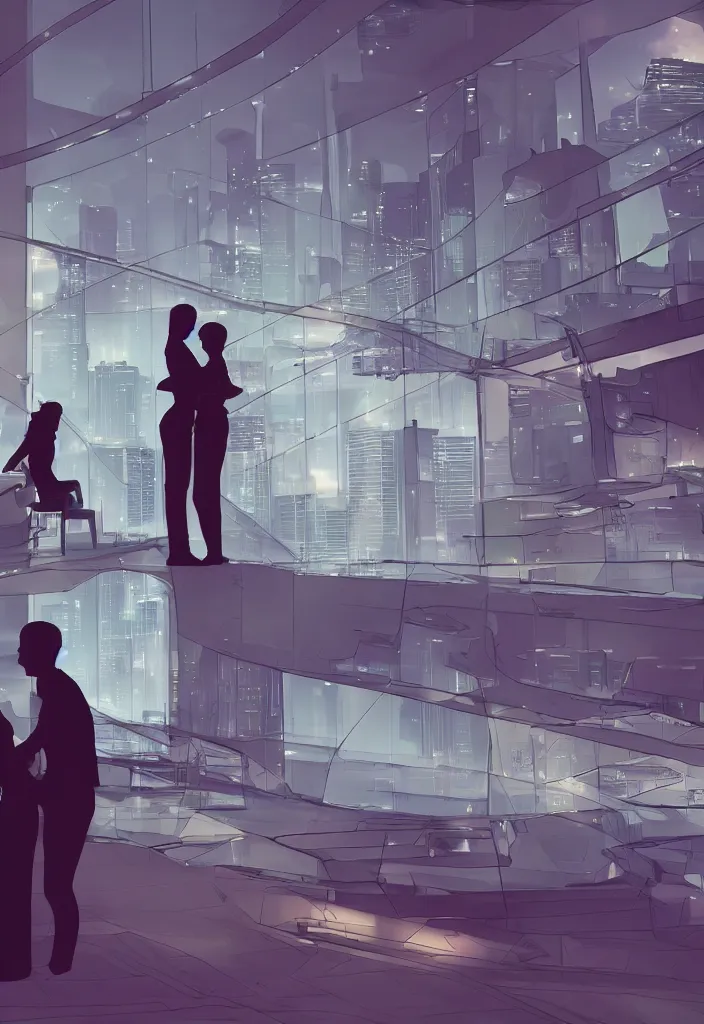 Prompt: silhouette of hugging couple, sitted husband at his futuritic desk, windiw with a futuristic city, rossdraws, global illumination, radiant light, detailed and intricate environment