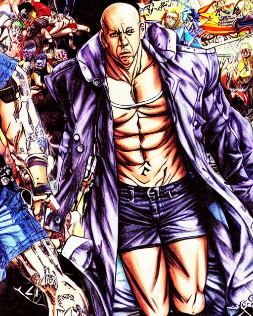 Image similar to Digital color pen drawing of Vin Diesel walking like a Italian model in JoJo\'s Bizzare Adventure anime style, official JoJo\'s Bizzare Adventure, highly detailed, sharp focus, screentone shading, sligthly hard shadows, 1990 manga panel, trending on ArtStation, manga cover art drawn by Hirohiko Araki