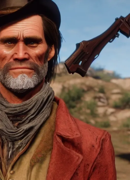 Image similar to film still of jim carrey in red dead redemption 2 ( 2 0 1 8 video game )