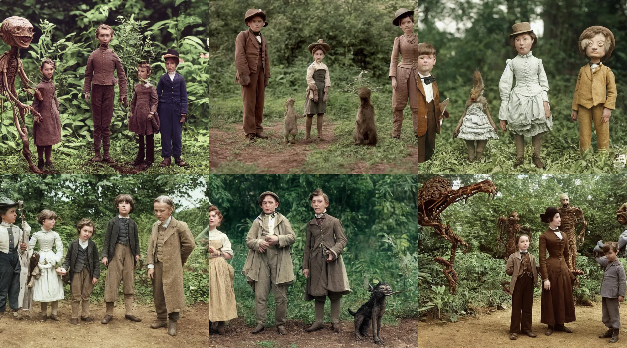 Prompt: detailed, sharp, a girl with short hair, and a boy standing next to some strange wild alien plants, looking happy, wearing 1860s era clothes, their small pet tiny alien creature is standing nearby, in a park on a strange alien planet, extremely highly detailed, in focus faces, 70mm still from a classic period sci fi color blockbuster movie, 4k, 35mm macro lens, high quality lighting, sharp focus