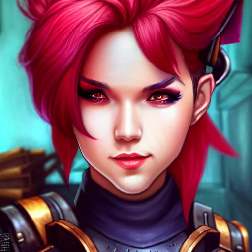 Image similar to portrait of Vi from League of Legends, by Fortiche Studio, from Netflix's Arcane, trending on artstation,fine details, realistic shaded, fine-face, Steampunk city on the background, red hair, painted texture, pretty face,by Artgerm