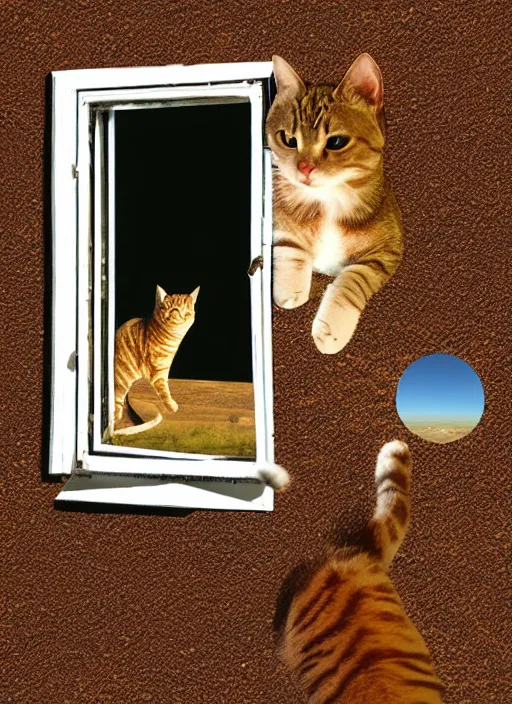 Image similar to cat is inside a window and is watching a martian landscape