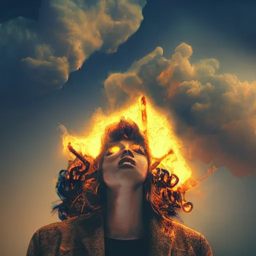 Prompt: a woman up there, sci - fi, town, on fire, photoshop, colossal, creative and cool, photo manipulation, low angle, smoke, destruction