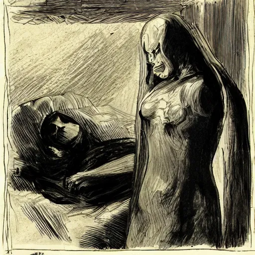 Prompt: a woman is lying in bed, asleep. suddenly, she wakes up to find a dark figure standing over her. it's a demon, come to take her soul! the woman screams and tries to run, but the demon is too fast. it catches her and drags her into the underworld, where she will be tortured for eternity.