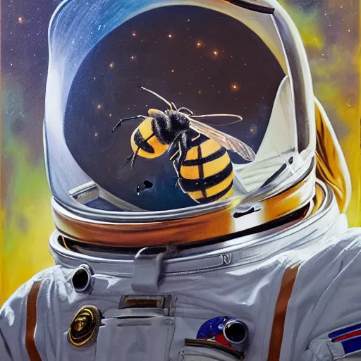 Image similar to oil painting of a big bee face in a astronaut suit with helmet, 35mm, photo, Epic, cinematic, highly detailed and intricate