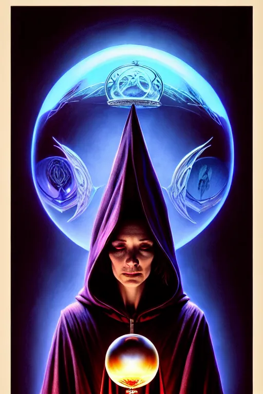 Image similar to wizard in a hooded cloak gazing into a crystal ball, high details, intricately detailed, by vincent di fate, artgerm julie bell beeple, inking, 3 color screen print, masterpiece, trending on artstation, cinematic composition, dramatic pose, volumetric lighting, sharp, details, hyper - detailed, hd, 4 k, 8 k