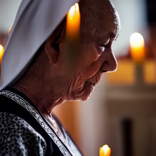 Prompt: a portrait photograph of a serious, spiritual, 6 8 - year - old nun praying in a church, lit by candles, portrait canon 8 5 mm f 1. 2 photograph head and shoulders portrait