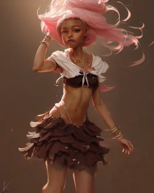 Image similar to a ( ( girl as personification of chocolate cupcake ) ), beauty, fantasy bakery, digital painting by krenz cushart, greg rutkowski, artgerm, laurie greasly, wlop, intricate, highly detailed!!, sharp focus, smooth, epic composition, joyful, unreal engine, masterpiece, 8 k