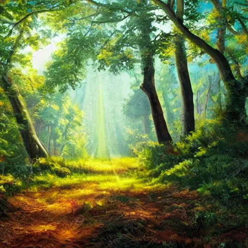 Prompt: oil painting depicting a beautiful forest, there are flowers, big oak trees, grass, the sun is shining through the leaves, godrays, fantasy