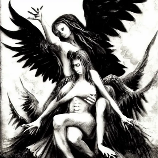 Prompt: fallen angel in the arms of satan darkness surrounds them