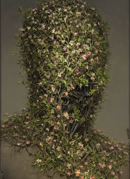 Prompt: a black suit with a flowery bush growing from the neck hole, intricate roots, highly detailed, concept art, hyperrealistic, oil painting by greg staples, 8 k