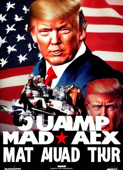 Image similar to an 8 0's john alvin action movie poster starring donald trump mad max. explosions