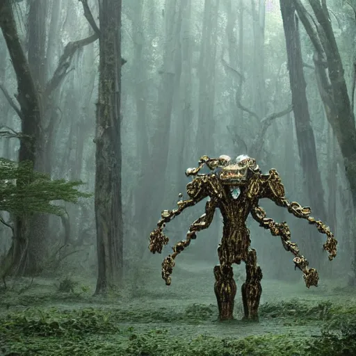 Image similar to a complex organic fractal 3 d metallic symbiotic ceramic humanoid megastructure creature in a swampy lush forest, foggy, cinematic shot, photo still from movie by denis villeneuve, wayne barlowe