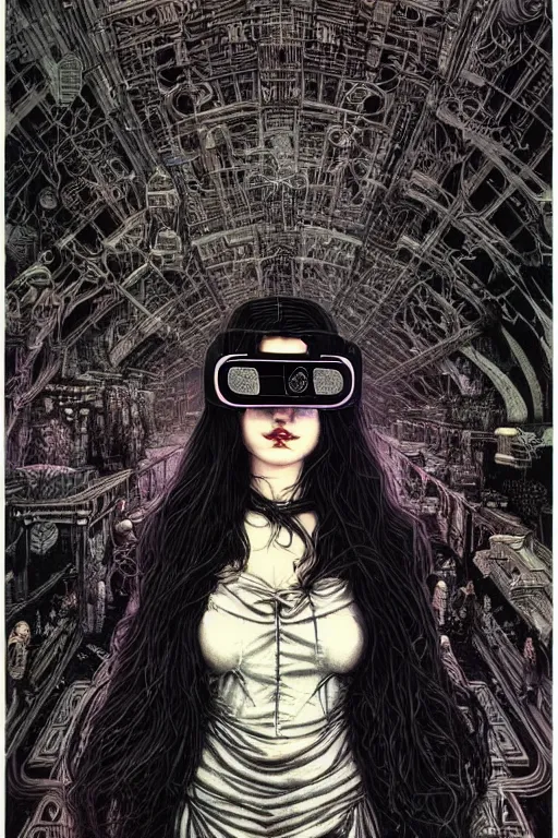 Image similar to dreamy cyberpunk girl in vr headset, black long hair, heavy metal robe, beautiful woman, detailed acrylic, grunge, intricate complexity, by dan mumford and by alberto giacometti, arthur rackham