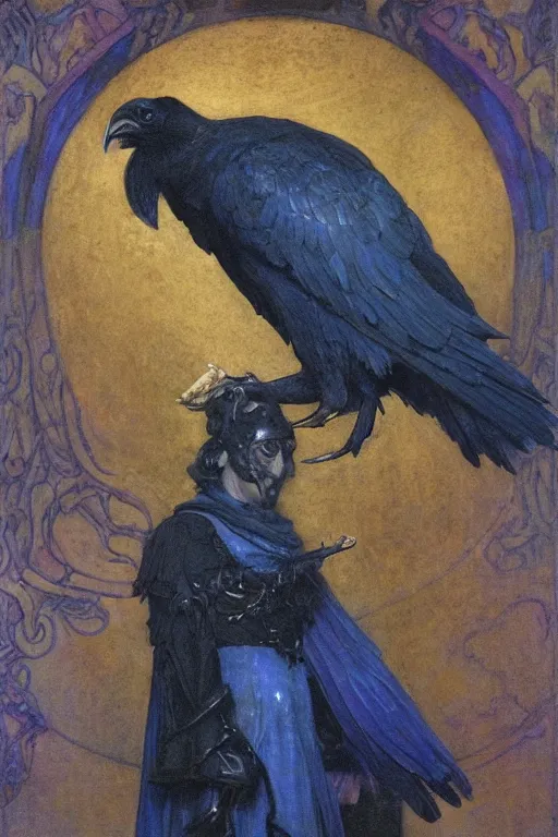 Image similar to an anthropomorphic raven dressed as a renaissance lord , by Annie Swynnerton and Nicholas Roerich and jean delville and Gaston Bussière, iridescent beetles, rich color, dramatic cinematic lighting, featured on Artstation, extremely detailed