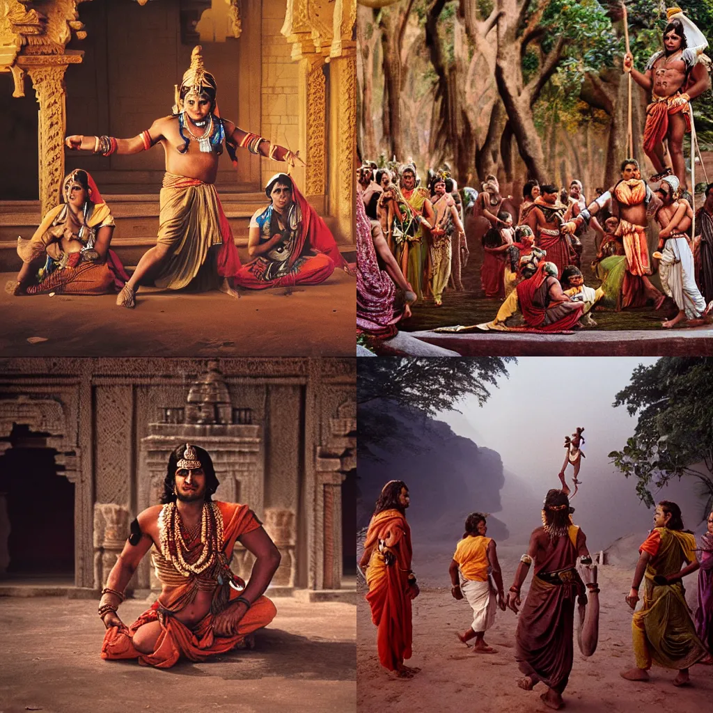 Prompt: an epic cinematic scene from Ramayan, photograph by Steve McCurry for Magnum Photos, shot on Mamiya large format film camera trending on Flickr and VSCO, detailed 8K HD