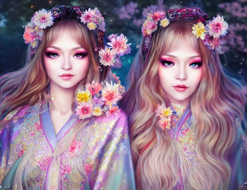 Prompt: two beautiful fashion siberian girls wear fantasy kimono in festival | | big eyes, sunny, dreamlike art, realistic shaded, smile, good looking, hyper details, 4 k realistic, cryengine, realistic shaded lighting poster by artgerm, ross tran, fuji choko, loish, 8 k resolution, trending on artstation, luxury