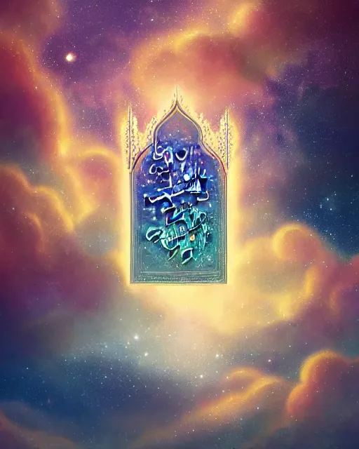 Prompt: the quran descending from the galaxy into clouds highly detailed, gold filigree, romantic storybook fantasy, soft cinematic lighting, award, pastel color palette, featured on artstation, digital art