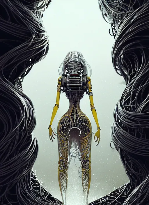 Prompt: highly detailed portrait of a biomechanical long curly white hair tribal lady, stray wiring by atey ghailan, james gilleard, by joe fenton, by greg rutkowski, by greg tocchini, by kaethe butcher, 4 k resolution, gradient yellow, black and white color scheme!!! ( ( dystopian robotic tessellating pyramid pouring sandfall background ) )