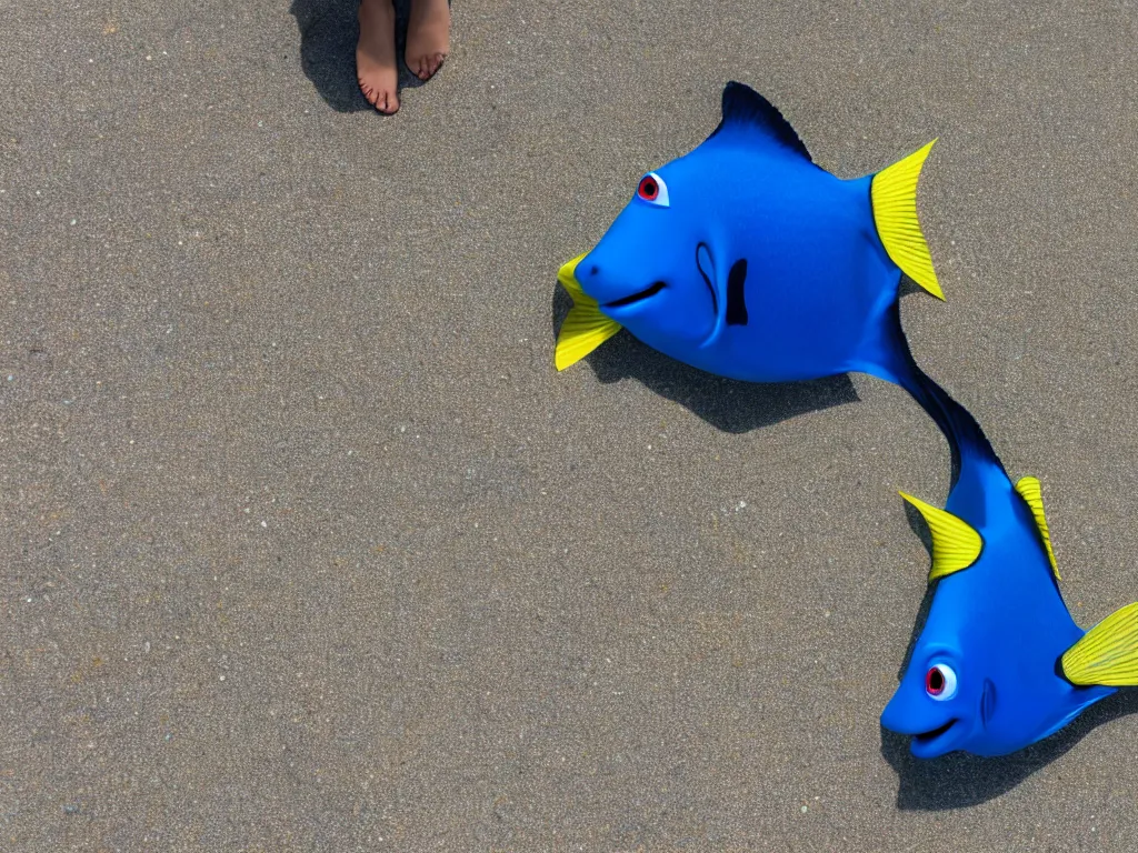 Image similar to Dory in real life with real human feet and legs walking toward you on the beach, 8k resolution