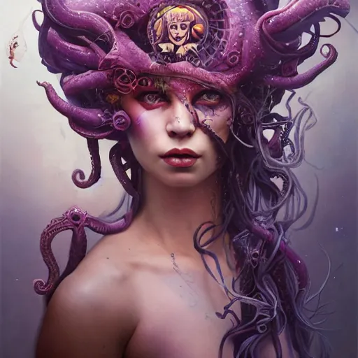 Image similar to art portrait of a furious girl with purple tentacles on her head, 8 k, by tristan eaton, stanley artgermm, tom bagshaw, greg rutkowski, carne griffiths, trending on deviantart, face enhance, hyper detailed, full of colour,