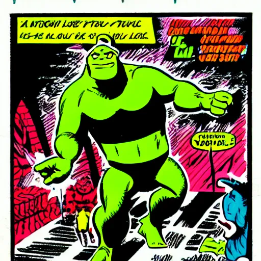 Prompt: panel from a 1 9 7 3 comic book'the stupendous shrek ', made by stan lee and steve ditko
