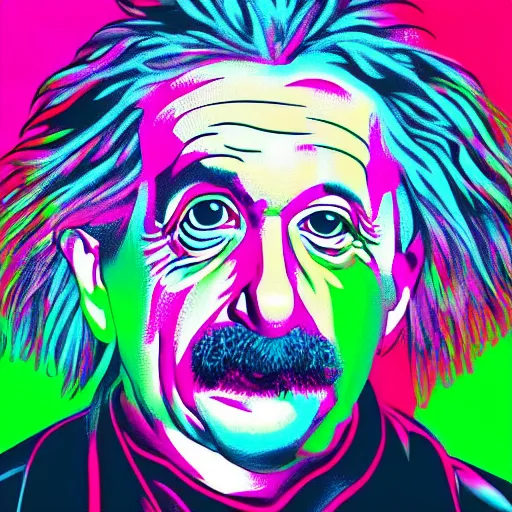 Image similar to high detailed portrait of albert einstein, staying in front of dark city, cyberpunk2077, cyberpunk, neon, cool colors, artstation, digital illustration