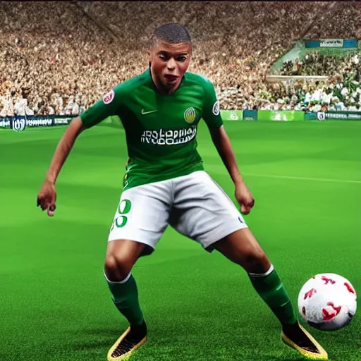 Image similar to kylian mbappe dressed with the betis football team shirt in the benito villamarin, 4 k extremely photorealistic, hyper detailed!!