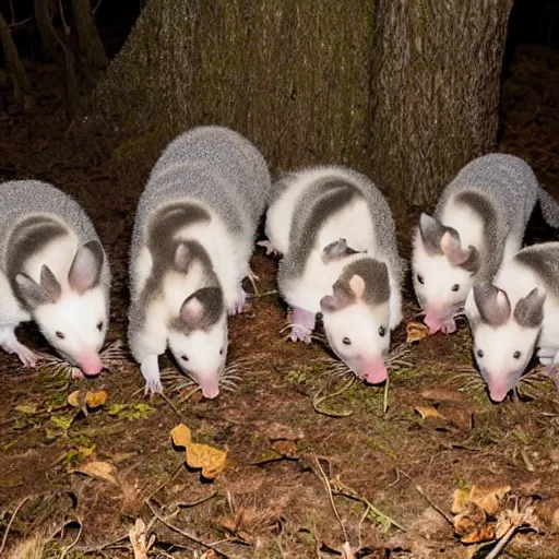 Prompt: photo of opossum birthday party in the forest at night