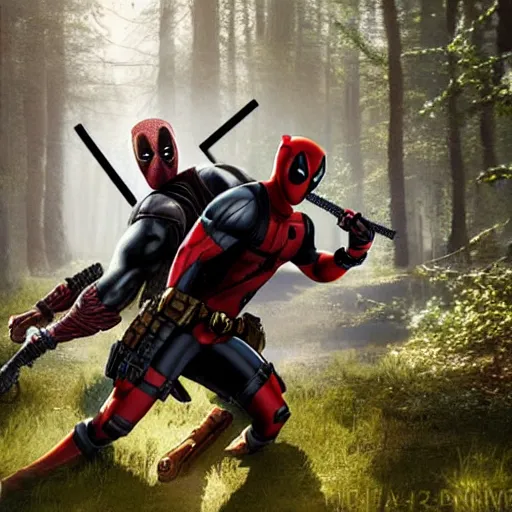 Image similar to deadpool and rocket raccoon in the woods digital art 4 k detailed super realistic