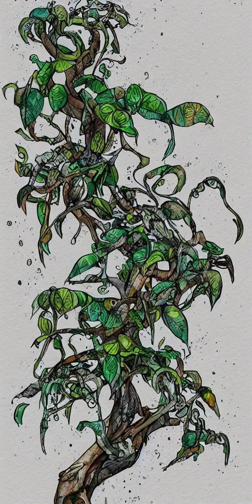 Image similar to water color and pen, high resolution, detailed, trending on artstation, surreal alien tea plant