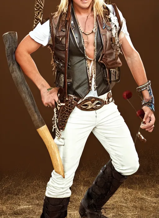 Image similar to a male ranger, dnd, wearing a leather vest and white linen pants, puka shell necklace, long swept back blond hair, with a bongo drum and nunchucks, chiseled good looks, digital art