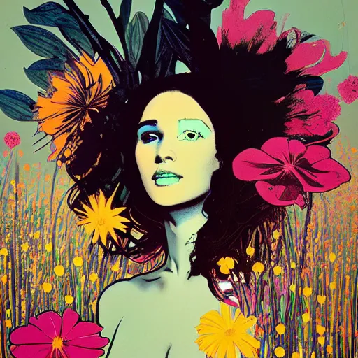 Image similar to a beautiful painting of a girl in a field of flowers by andy warhol and conrad roset! and alphonse mucha and nekro!. in style of oil on canvas. colorful comic, film noirs, symmetry, sharp lines, hyper detailed. octane render. trending on artstation