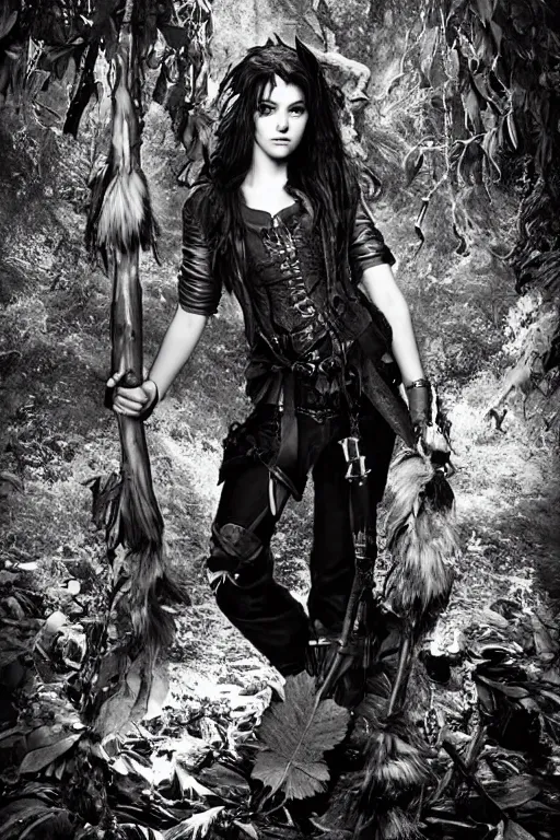 Image similar to bella from twilight as a determined dnd deep gnome druid with leather clothing and leaves and sticks in her hair, photo by annie leibovitz b&w