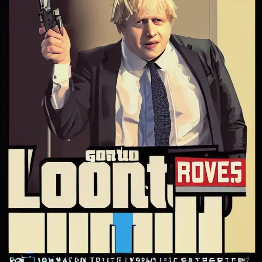 Image similar to Boris Johnson in GTA 5, cover art by Stephen Bliss, boxart, loading screen