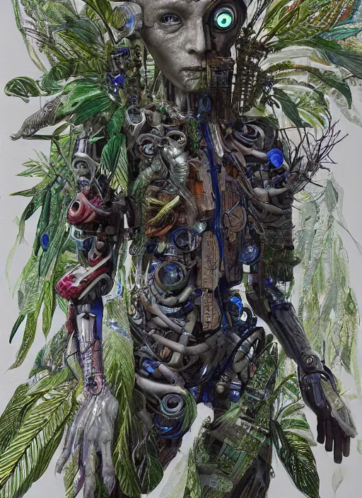 Image similar to hyper - detailed fine painting of a synthetic humanoid hybrid cyborg shaman half cybernetic and half made of plants and wood, concept art magical highlight